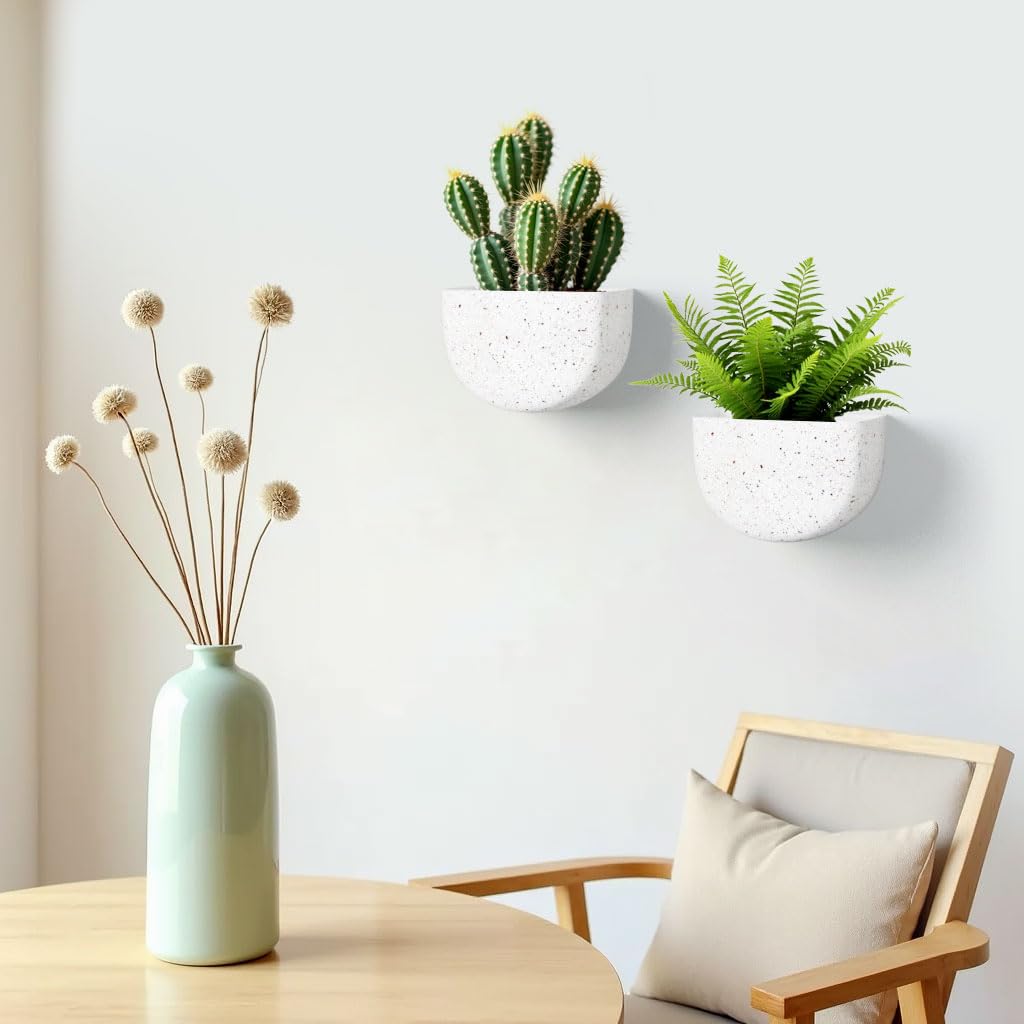 Asnext 2 Pack Wall Hanging Planter Pots for Indoor and Outdoor Plants, 7 Inch Half-Moon-Shaped Plastic Wall Planter, Wall Mounted Succulent Planters (Speckled White)