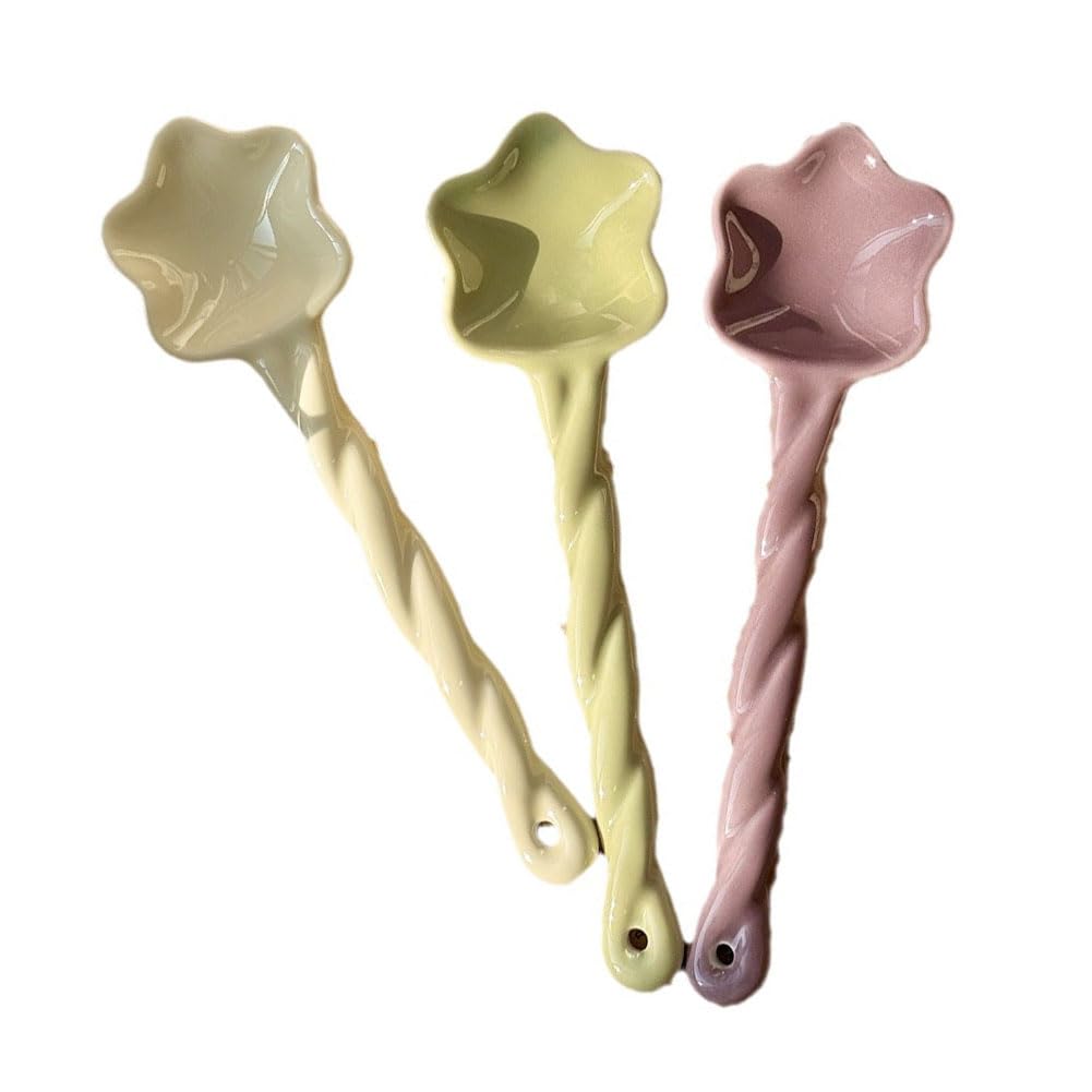 3pcs Ceramic Soup Spoons Cute Serving Spoons with Long Handle Star Pattern Tablespoons for Desserts Yogurt Appetizers Soup Coffee (Yellow, Purple, Green)