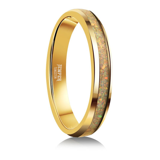JEWPER 4mm Men Womens Wedding Band Tungsten Rings Gold Fashion Promise Carbide Inlaid White Opal Matte Finish Edge Comfort Fit Size(12)