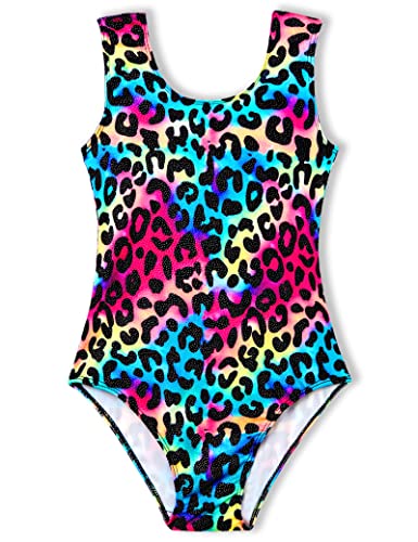 TENVDA Kids Girls Gymnastics Leotards Size 5-6 Years Old Sparkly Leopard Print Tumbling Outfit Performance Bodysuit Dancewear