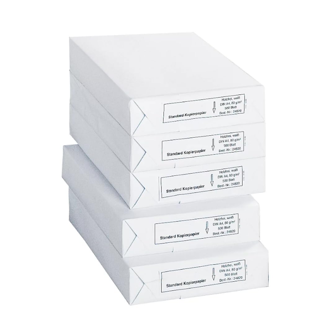 Schäfer Shop Copy Paper A4, 80 g/m² Printer Paper, Laser, Inkjet, Fax Paper, 2500 Sheets, 5 Packs of 500 Sheets, White