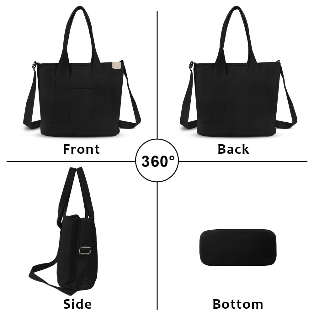 Aucuu Multi-Pocket Tote Bag, Canvas Tote Bags for Women, Crossbody Bags with Adjustable Strap, Large Capacity Shoulder Bag with Zipper, Ladies Handbags for School Shopping Work Travel，Black L