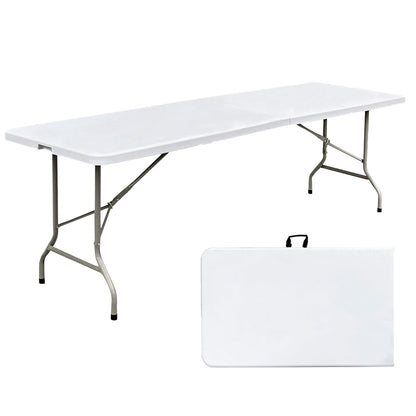 JingPieCle 8ft Folding Table 96 inch, Heavy Duty 8 Foot Portable Plastic Foldable Table with Handle and Fold-in-Half Design, Blow Molded Tabletop for Outdoor, Indoor, Party, Dining and Banquet, White