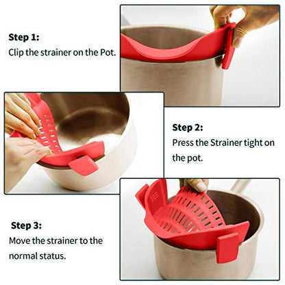 AUOON Clip On Strainer Silicone for All Pots and Pans, Pasta Strainer Clip on Food Strainer for Meat Vegetables Fruit Silicone Kitchen Colander