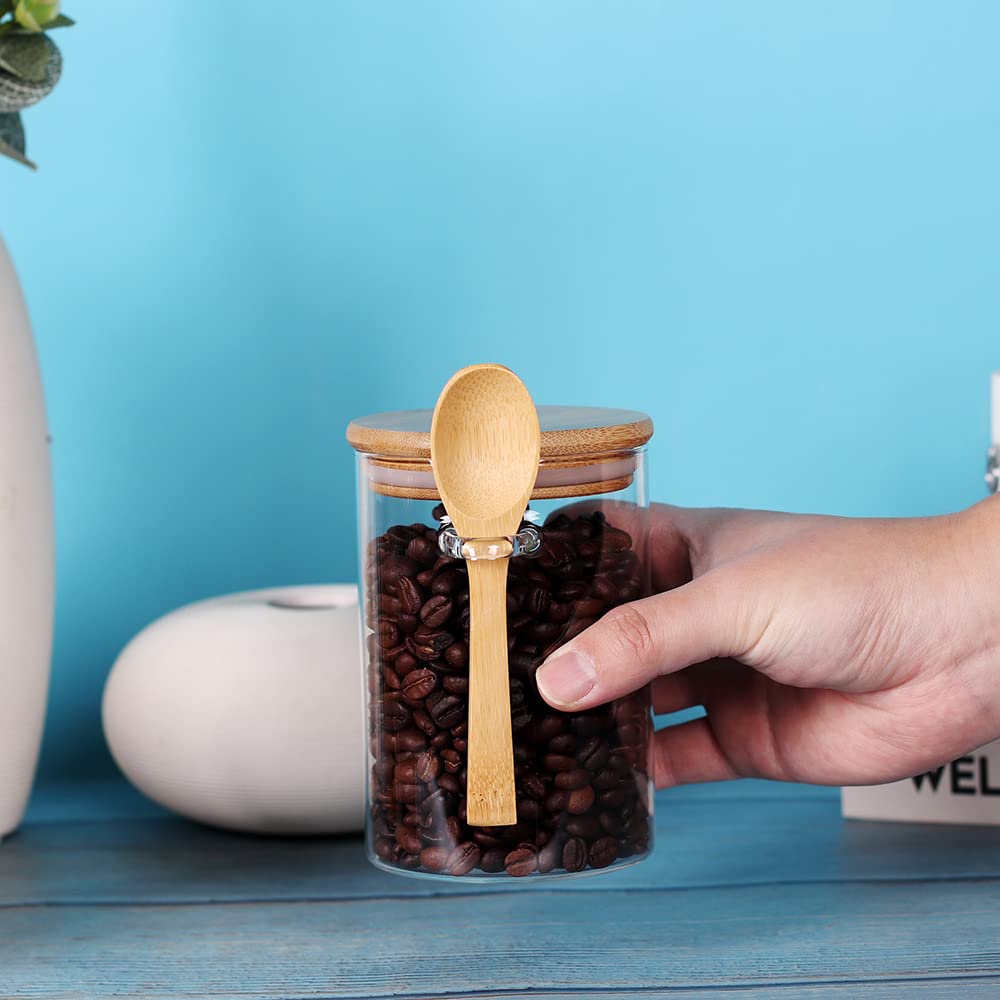 Glass Jar with Bamboo Lid and Spoon, 3 Pack 16 OZ Tea Containers for Loose Leaf Tea, Salt and Sugar Containers for Countertop, Yogurt Jars for Overnight Oatmeal