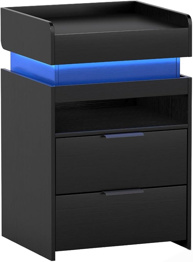 Turosur LED Night Stand with Gun Drawer, Smart Nightstand with Hidden Charging