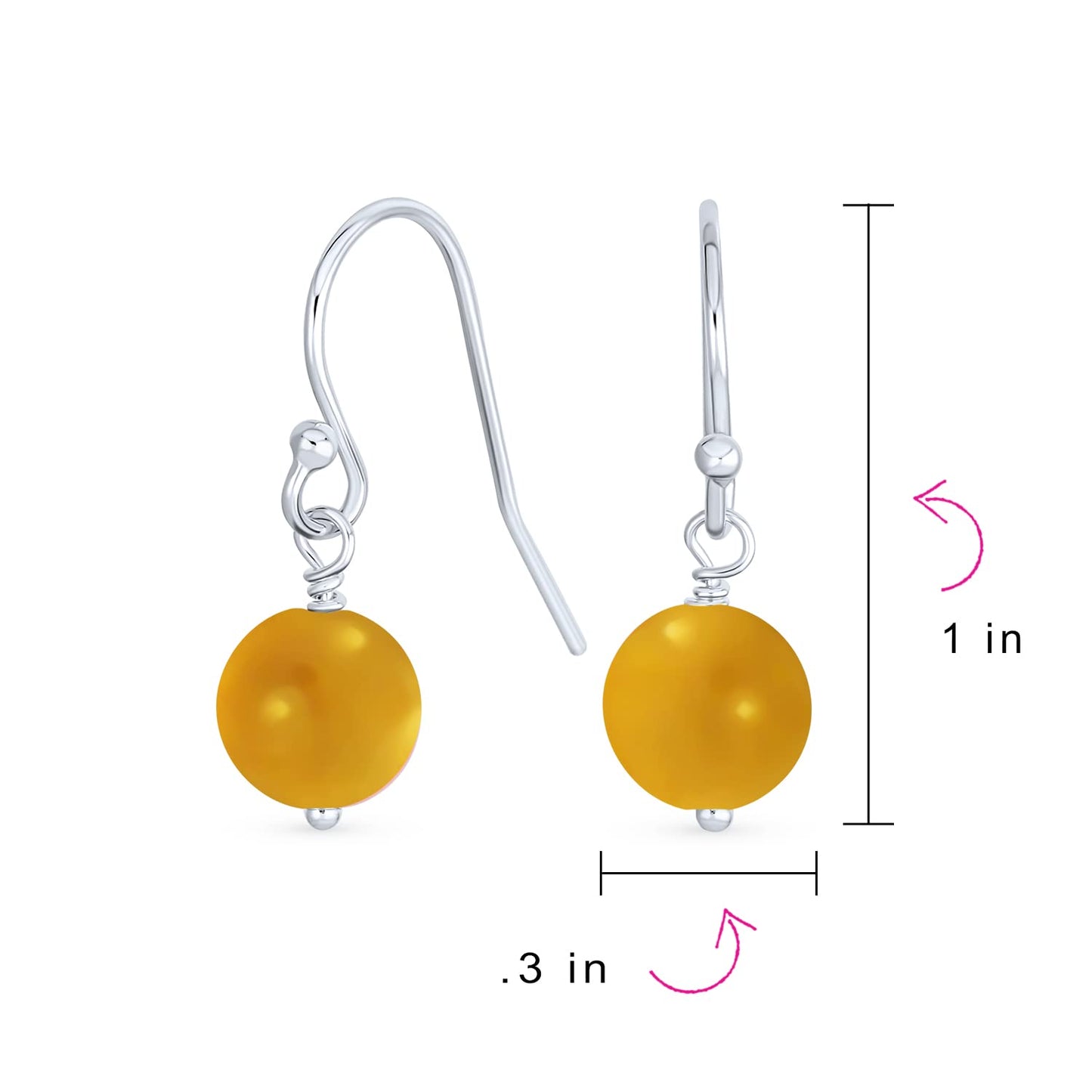 Bling Jewelry Timeless .925 Sterling Silver Pink Yellow Agate Bead 8mm Ball Drop Earrings Fish Hook Genuine Gemstone