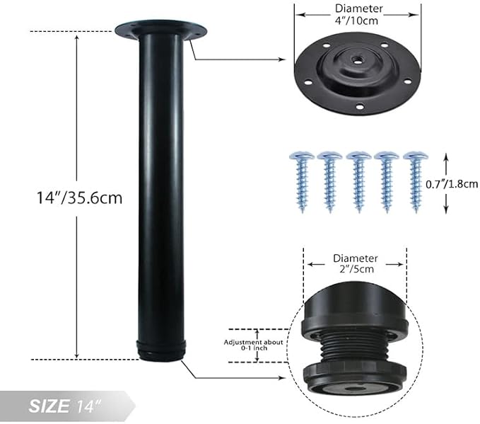 QLLY 14 Inch Adjustable Metal Coffee Table Legs, Heavy Duty Round Furniture Legs