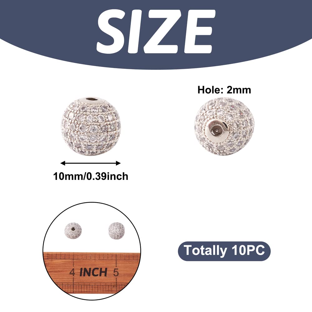 Cheriswelry 10pcs 10mm Grade AAA Platinum Micro Pave Cubic Zirconia Charm Beads Round Crystal Clear CZ Stone Disco Ball Beads Bracelet Connector Spacer for DIY Jewelry Making