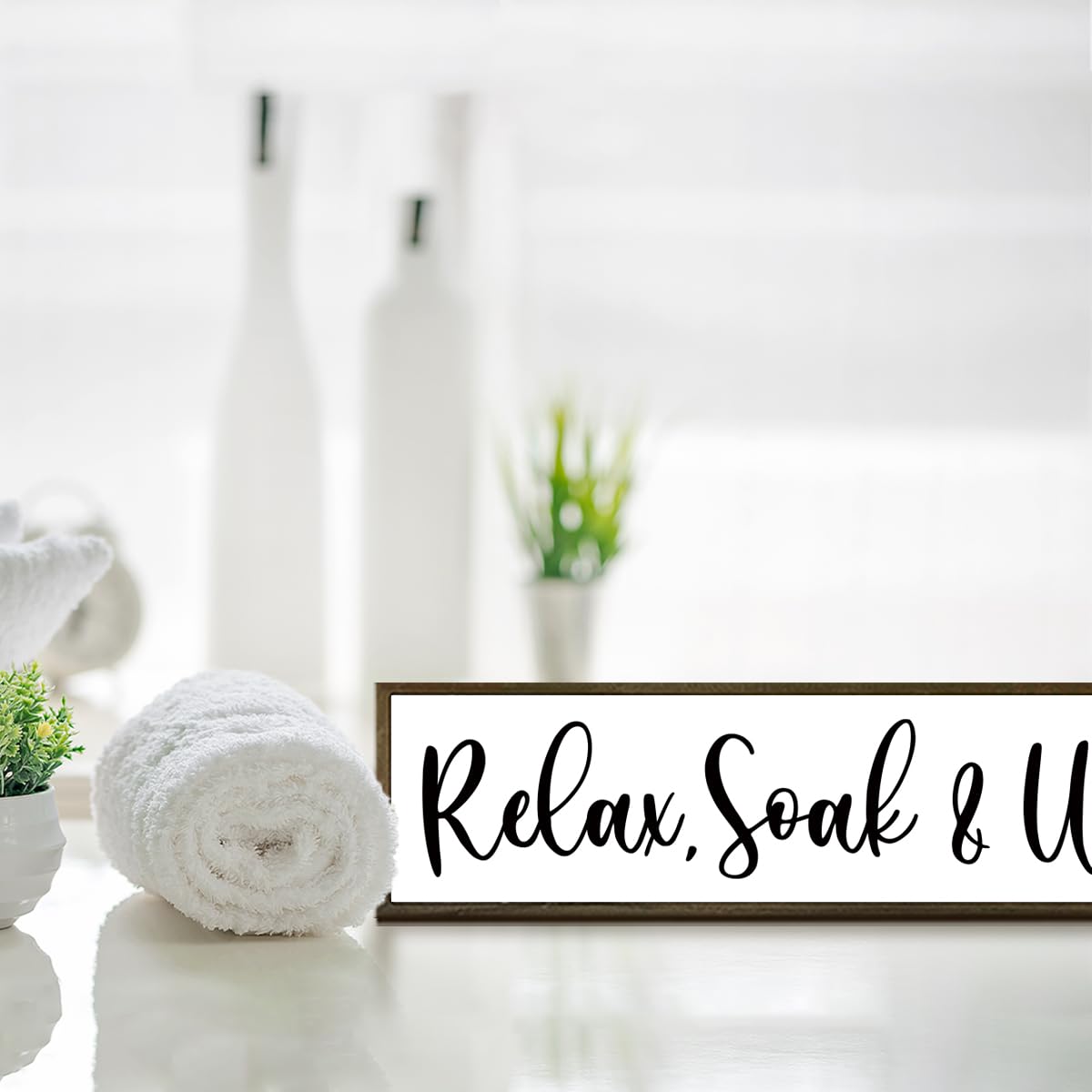 Relax, Soak & Unwind Sign, Farmhouse Bathroom Wall Decors, Spa Decor, BathRoom Sign with Wood Frame, Restroom Decor, Tiered Tray Sign, Wooden Box Sign Desk Décor, Bathroom Wall Decor Wood Framed