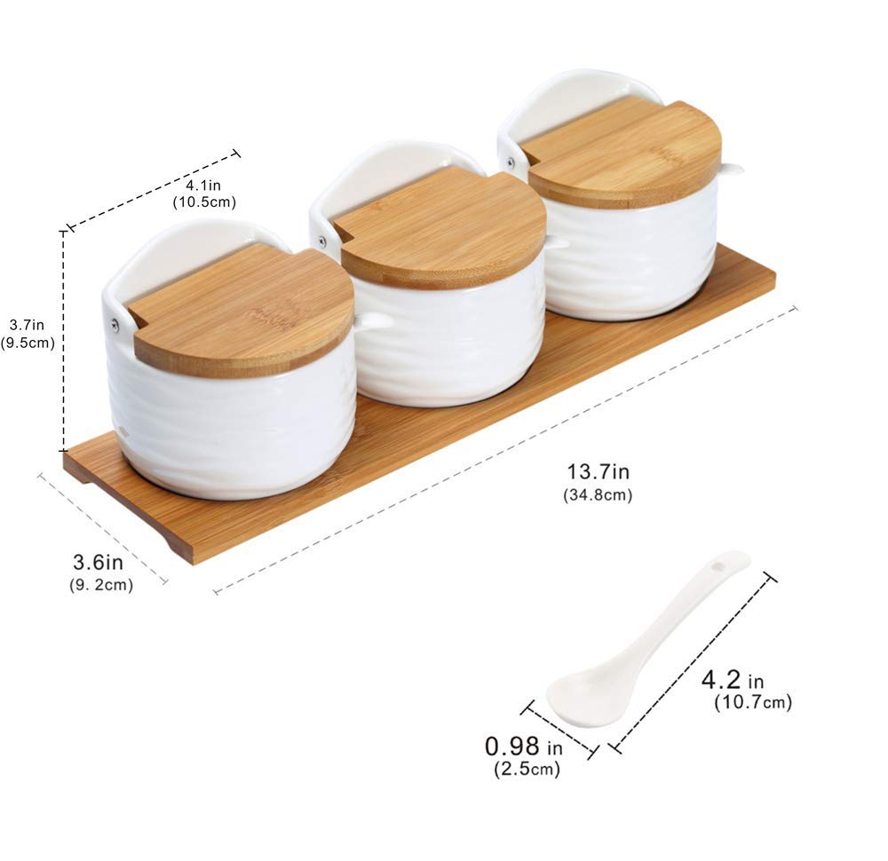 Lucky Goddness Ceramic Sugar Bowl Salt Box with Spoon and Bamboo Flip Top Lid, 9 fl oz Pepper Container Flour Box Holder Earthenware Bowl White for Housewarming Gift