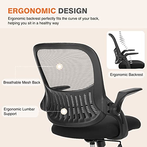 Sweetcrispy Office Computer Desk Chair, Ergonomic Mid-Back Mesh Rolling Work Swivel Task Chairs with Wheels, Comfortable Lumbar Support, Comfy Flip-up Arms for Home, Bedroom, Study, Student, Black