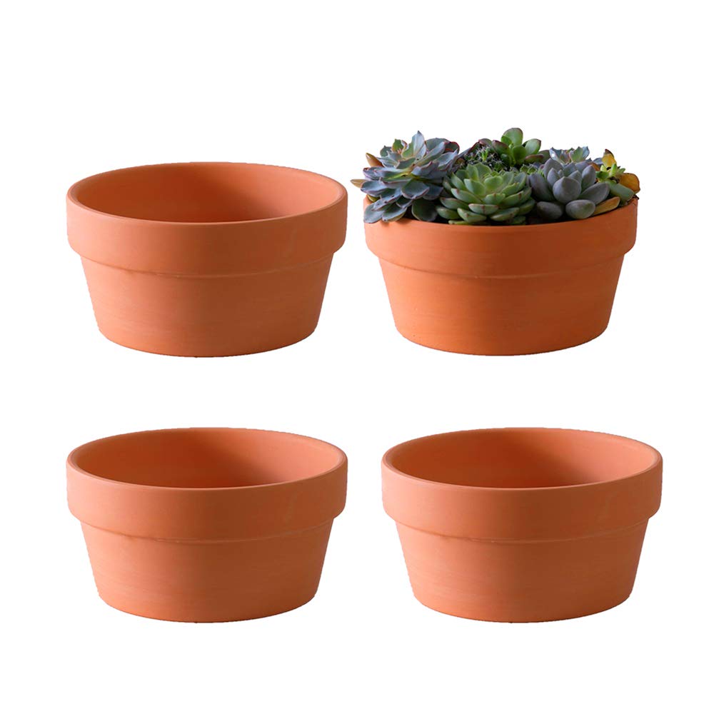 Yishang Terracotta Shallow Planters for Succulent - 7 Inch Cactus Plant Containers Indoor Garden Bonsai Pots with Drainage Hole - Set of 4, Unglazed Clay Ceramic Pottery Planter