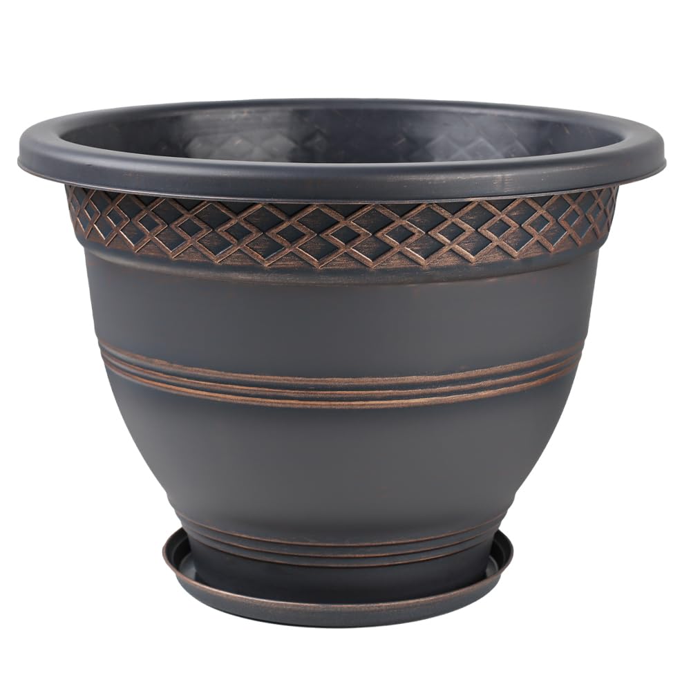 Usocik 4 Pack 16 Inch Large Plant Pots, Plastic Flower Pot for Indoor & Outdoor with Drainage Holes & Saucer, Plaid Pattern Planters Garden Pots for Herbs