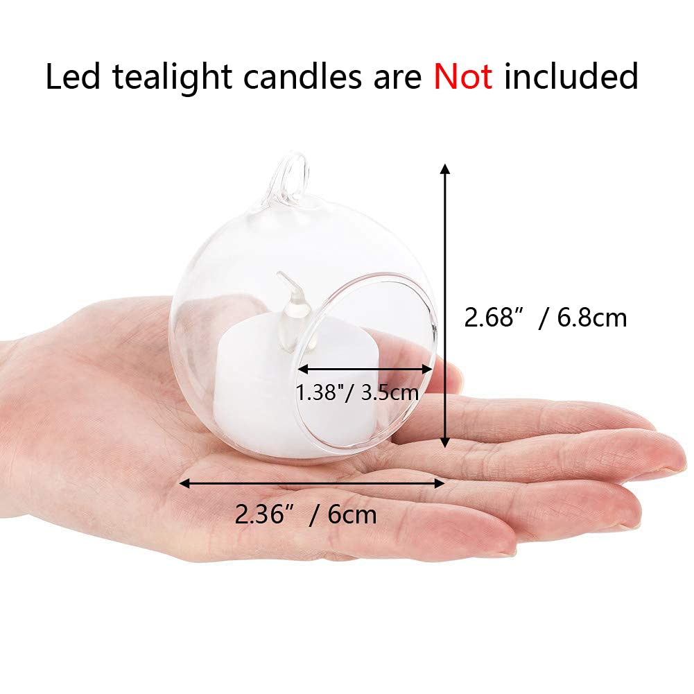 Nuptio 12 Pcs Hanging Tea Light Candle Holders Mini Glass Candle Holder 2.36" Diameter Baubles Globe Garden Ornament, Tealight Holders for Christmas Halloween Wedding Party Decorations for Reception