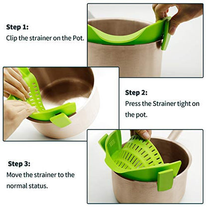 AUOON Clip On Strainer Silicone for All Pots and Pans, Pasta Strainer Clip on Food Strainer for Meat Vegetables Fruit Silicone Kitchen Colander