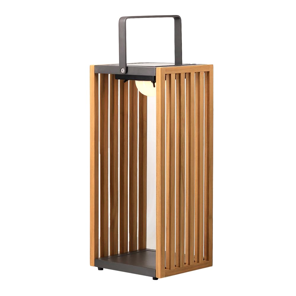 Teak Solar Lantern Outdoor, Solar & USB Rechargeable Floor Lamp, Woven Rope Modern Table Light, 3-Level Dimmable Waterproof Decor for Patio, Garden & Yard (THE GATE Large)