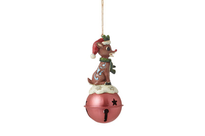 Enesco Rudolph Traditions by Jim Shore Reindeer Standing on Bell Hanging Ornament, 4.37 Inch, Multicolor