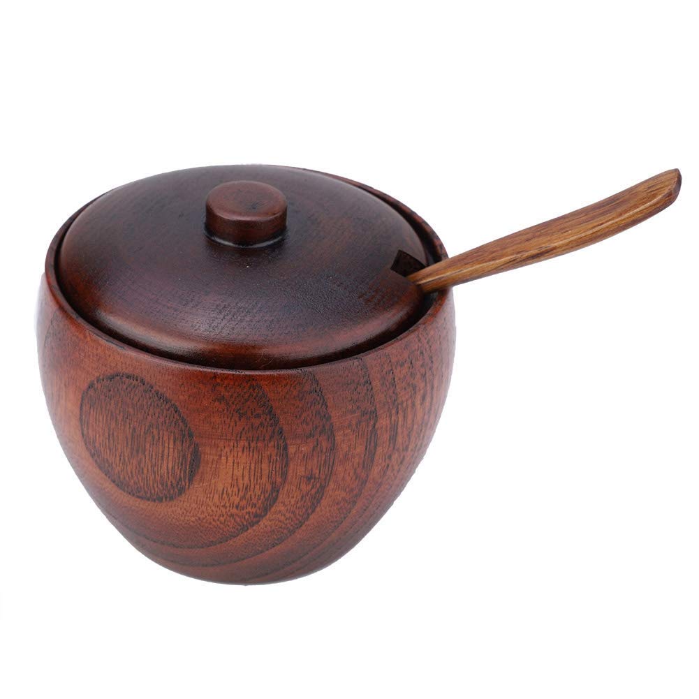 TOPINCN Solid Wood Jar Sugar Bowl, Salt Seasoning Box Japanese Style with Spoon and Lid, Kitchen Storage Container for Sugar Salt