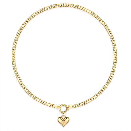 NUZON Love Heart Pendant Necklace for Women 18K Gold Plated Thick Flat Herringbone Snake Chain Choker Engraving “Love You” Charm Sailor Lock Layering Jewelry 16’’