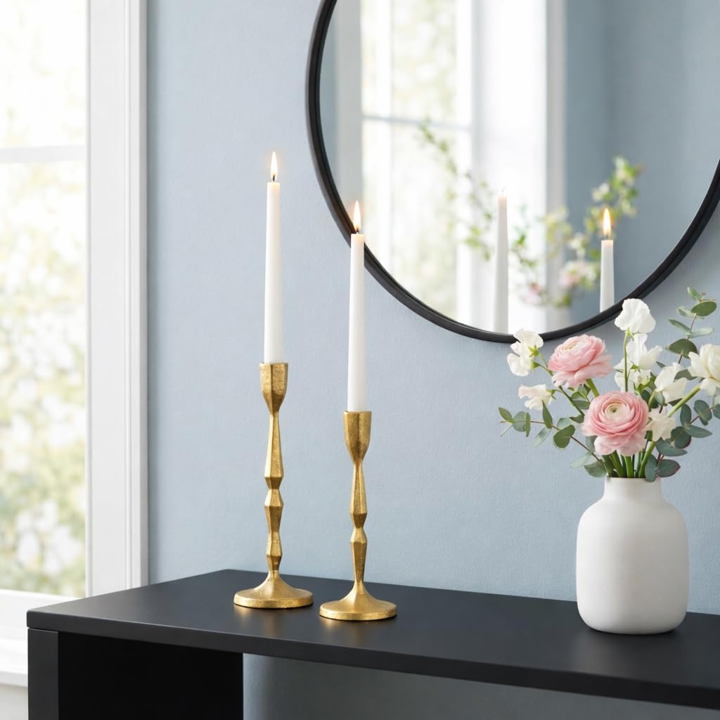 Antique Gold Candlestick Holders - Heavy Duty Cast Iron Candle Stick Holder Set of 2 - Unique Taper Candle Holder for Entryway, Table Decor or Housewarming Gift