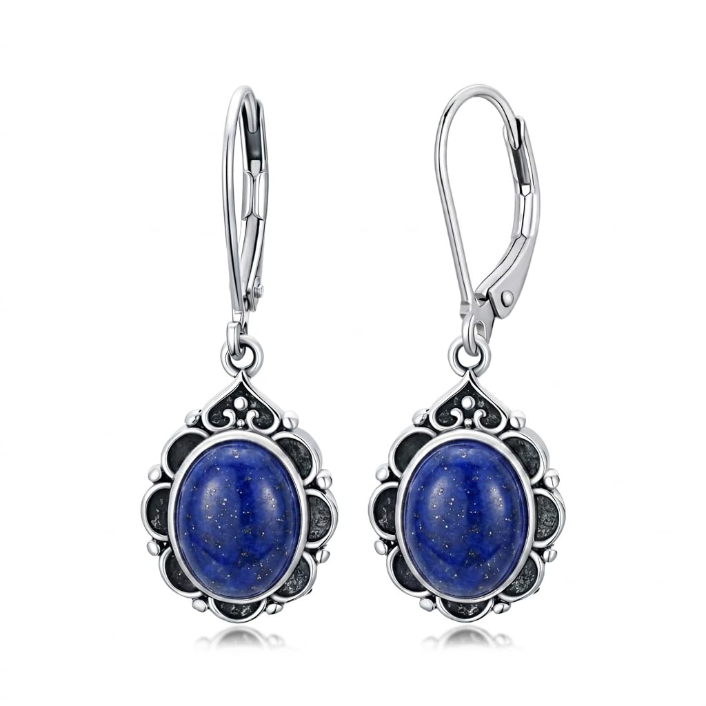 Lapis Lazuli Drop Earrings for Women 925 Sterling Silver Vintage Oval 9x7mm Filigree Leverback Dangle Earrings, Gothic Victorian Antique Jewelry Gifts