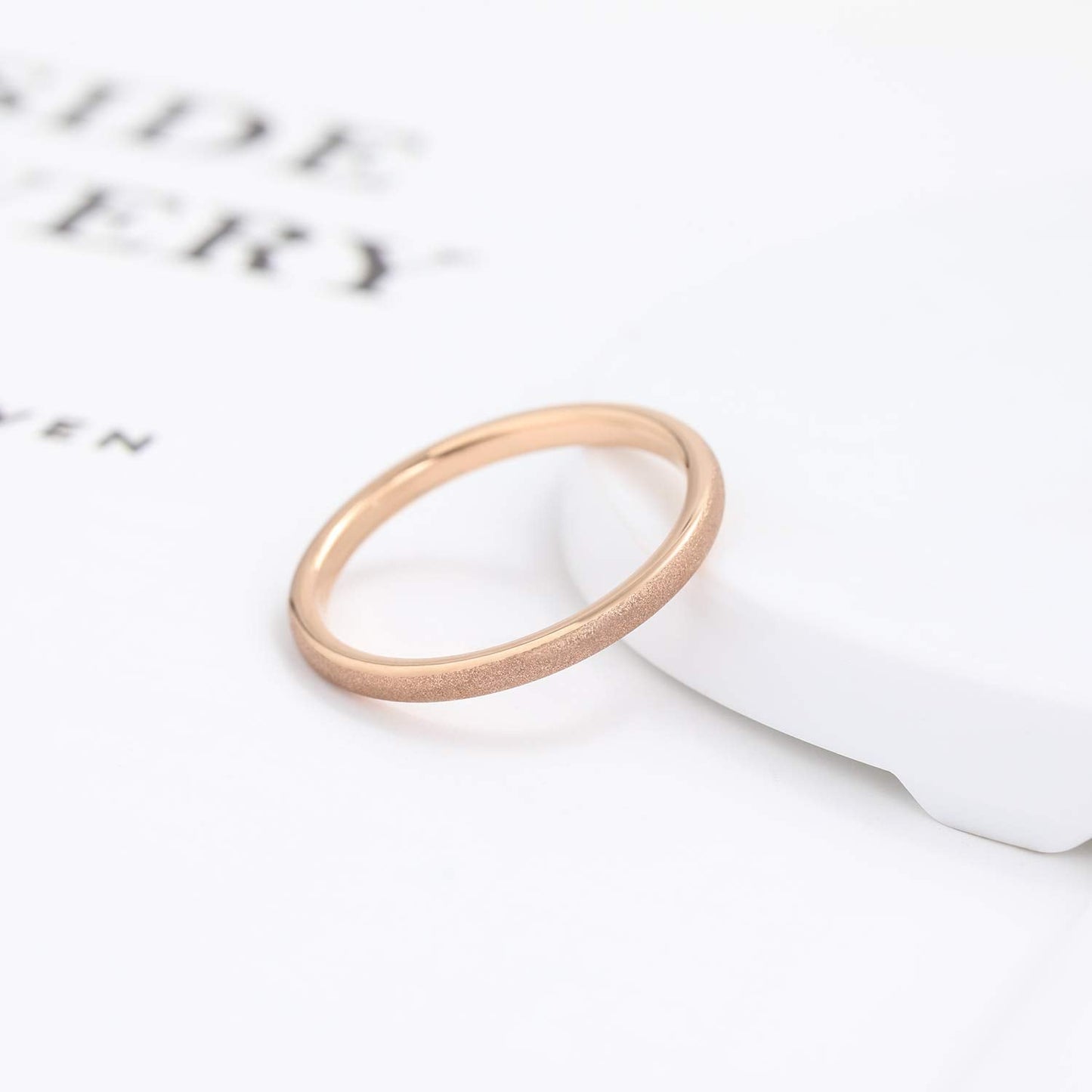 Greenpod 2mm Thin Rose Gold Plated Tungsten Ring for Women Dome Sandblasted Stackable Wedding Bands Comfort Fit Size 6.5