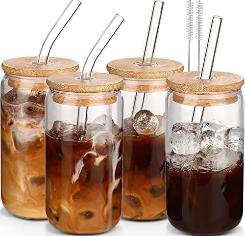 DWTS DANWEITESI Glass Cups with Lids and Straws 4 pcs,16oz Drinking Glasses Set for Coffee Bar Accessories,Iced Coffee Cups with Lids,Matcha Cup Glass Tumbler Reusable for Gifts