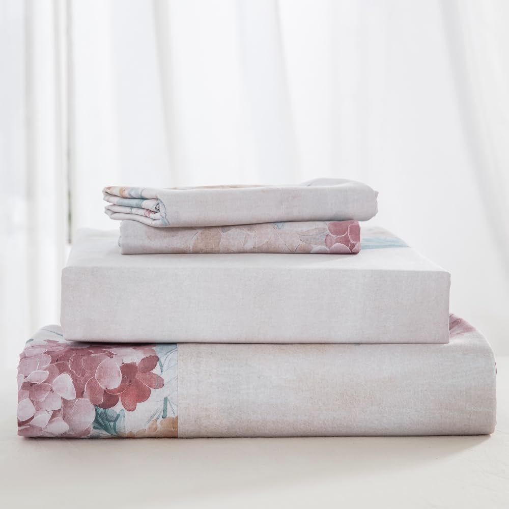 DAUAOTO Twin Size Printed Sheets Set, 100% Cotton Bedding Sets, Up to 14" Deep Mattress, Floral Pattern Bedlinen Set, Hydrangea Blush