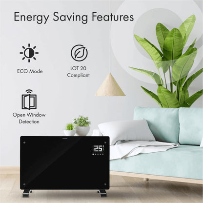 Devola Wifi Enabled Smart Electric Glass Panel Heater 2000W | Alexa Heating Control, Open Window Detection, Wall Mounted & Free Standing Low Energy Heaters with Timer | Lot 20, DVPW2000B (Black)