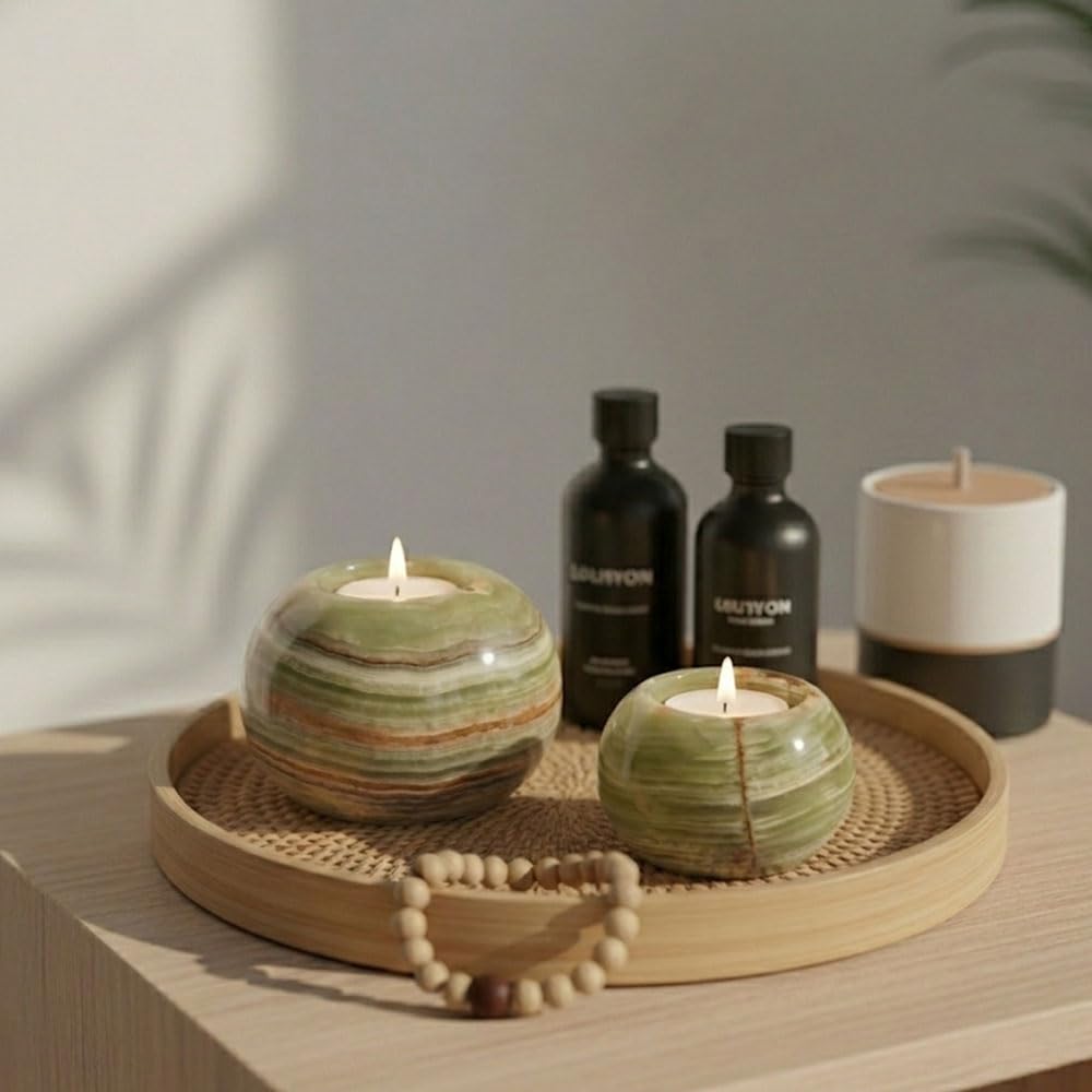 Radicaln Marble Tealight Candle Holder 4" Inch Green Onyx Handmade Set of 3 Mini Candle Holders for Dining & Entryway Table, Decorative Votive Candle & Marble Taper Holder for Home Decor