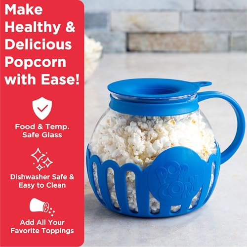 Ecolution Patented Micro-Pop Microwave Popcorn Popper with Temperature Safe Glass, 3-in-1 Lid Measures Kernels and Melts Butter, Made Without BPA, Dishwasher Safe, 3-Quart, Aqua