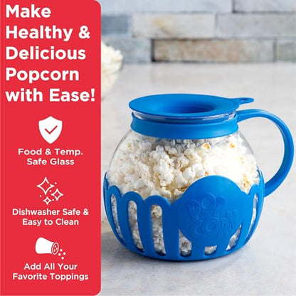 Ecolution Patented Micro-Pop Microwave Popcorn Popper with Temperature Safe Glass, 3-in-1 Lid Measures Kernels and Melts Butter, Made Without BPA, Dishwasher Safe, 3-Quart, Aqua