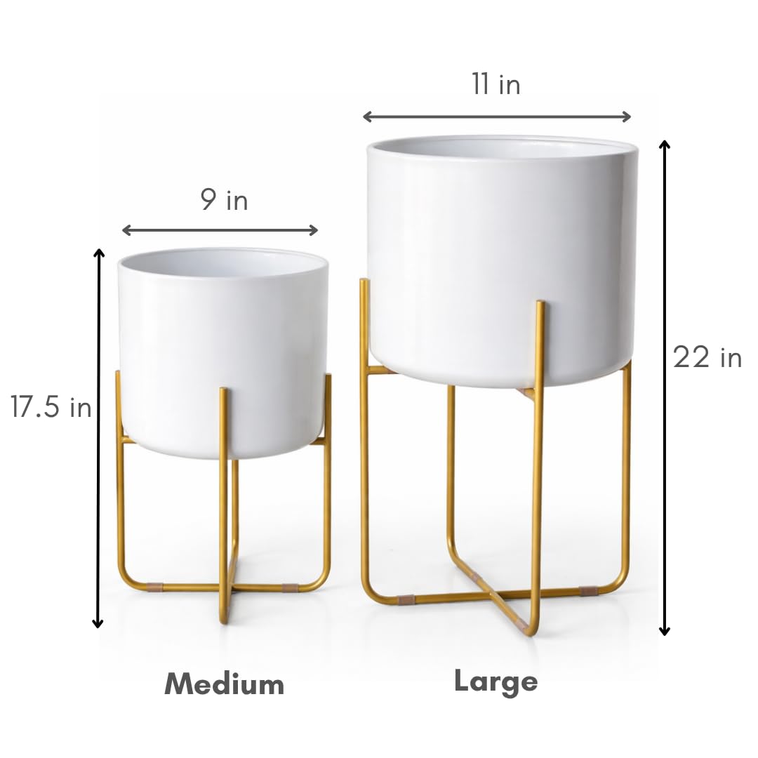 Kirpi Modern Planter Pots, Set of 2 Round White Planters with Gold Stand, Decorative Floor Planters, Metal Pots with Drainage Holes for Living Room, Office, Garden Balcony, 9 and 11 Inch Diameter