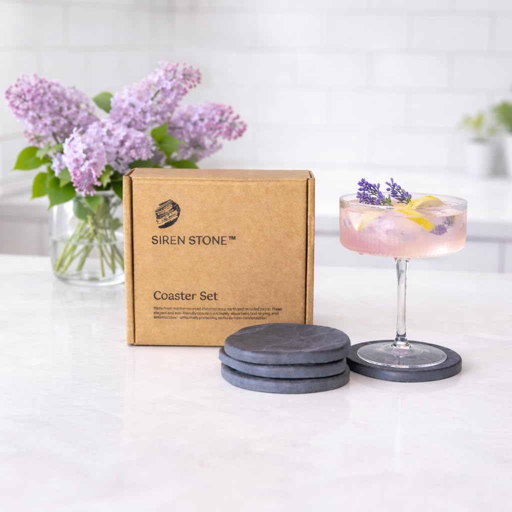 Siren Stone Diatomaceous Earth Coasters Set of 4 | Absorbent Stone Coasters for Drinks | Quick Dry, Water Absorbing | Non-Toxic, BPA-Free | Female Founded USA Brand
