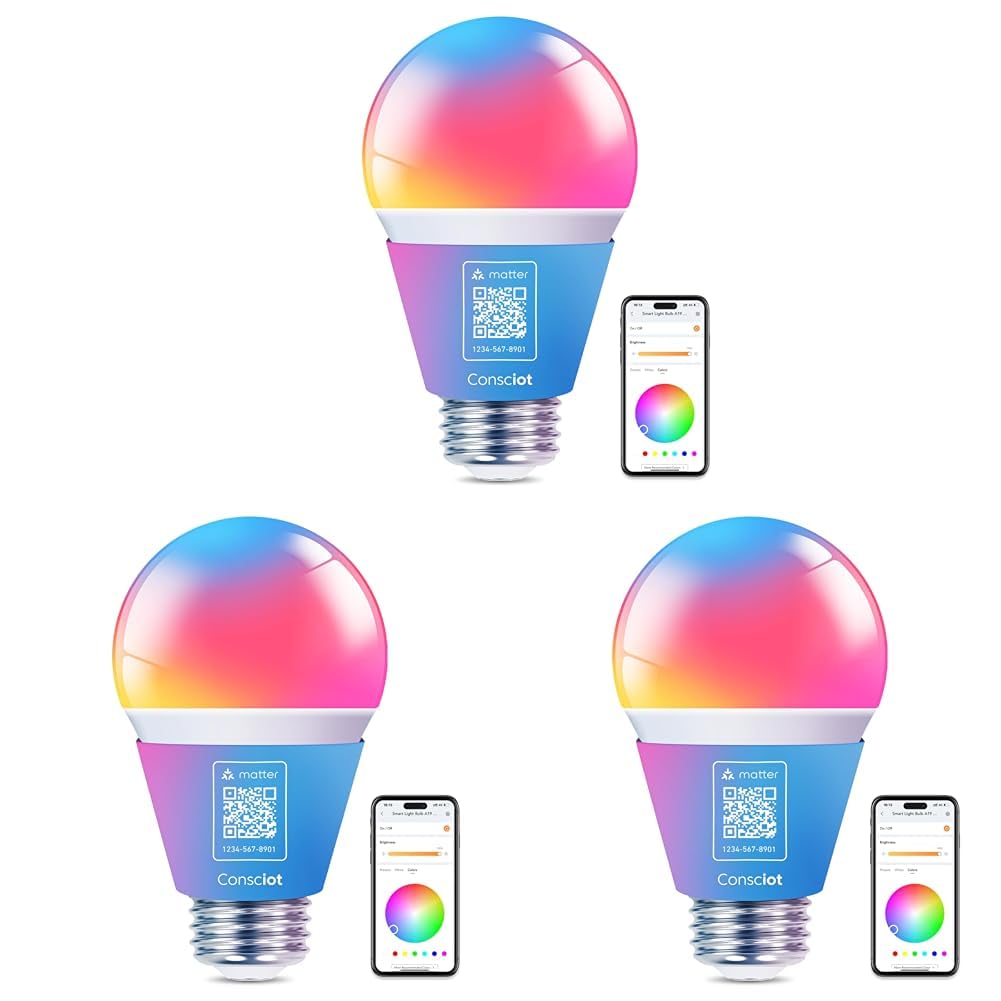 Consciot Smart Light Bulbs, WiFi Bluetooth Color Changing LED Light Bulb, Music Sync, 60W Equivalent Smart Bulb, A19 E26 RGBTW Light Bulbs That Works with Alexa/Google Home/Apple Home/Siri, 3 Pack