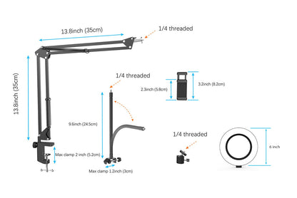 Overhead Phone Mount with Ring Light, Flexible Articulating Phone Arm Stand Compatible with iPhone, Logitech Webcam, Desk Tripod for YouTube Live Stream Cooking Nail Video Recording