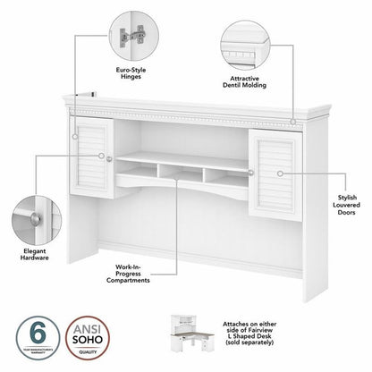 Hutch includes closed storage with framed louvered doors, three work-in-process cubby shelves and large center shelf