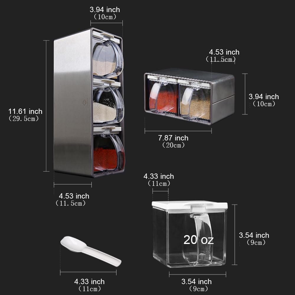 Salt Container With Lid And Spoon, Clear Seasoning Rack Spice Pots, 3 Piece Seasoning Box For Home Kitchen Café Storing Salt Sugar Pepper Spice (3 Pieces)