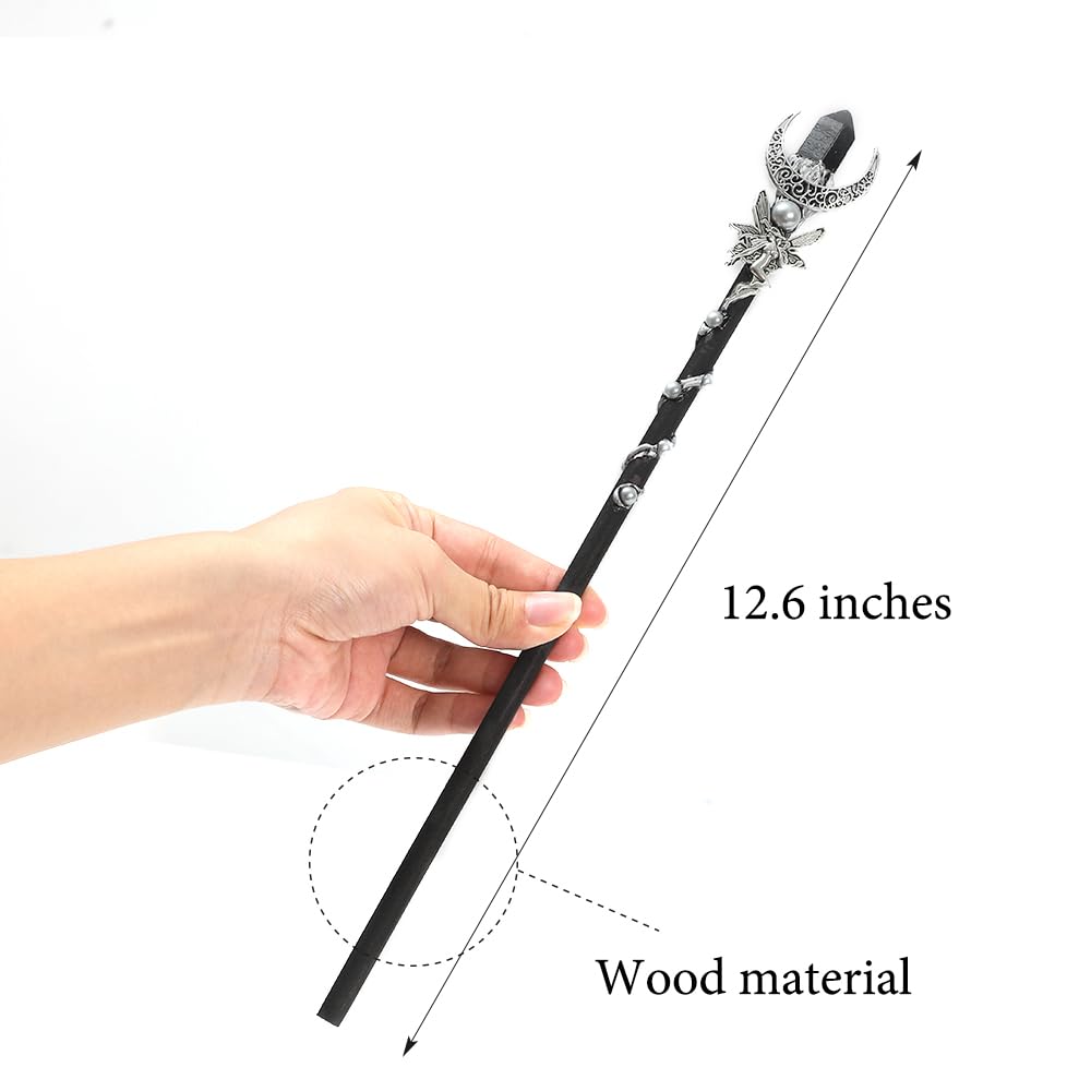 Bubbmi Black Crystal Magic Wand, Gemstone Moon Wizard Party Cosplay Accessories Sorcerer Collection Witchcraft Props with Gift Box(black4)