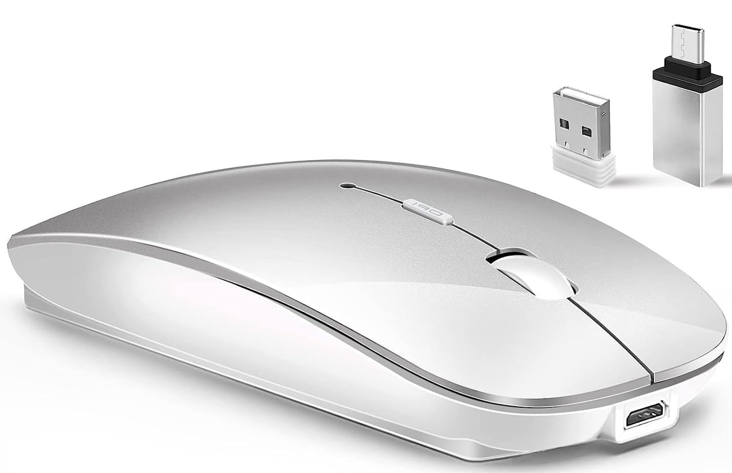 Wireless Bluetooth Mouse for MacBook Pro/Air/Mac/iPad/Laptop/Desktop/Mac/PC/Computer/Phone-Portable Slim Silent Office Mice with USB-C Adapter 2.4 GHz USB Mice (WhiteSilver)