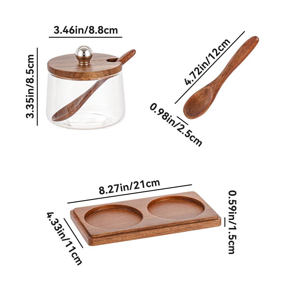 Condiment Containers Set with Acacia Wood Lids and Tray Seasoning Box Condiment Pots Jars with Spoons for Spice Salt Sugar Cruet (Silver Top, 2 Jars with Tray)