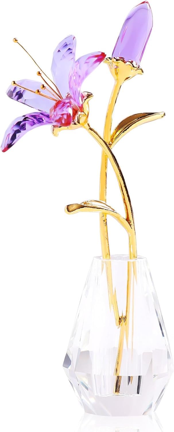 Purple Crystal Lily Flower Figurine with Stems - Handmade Collectible Statue for Decoration Mothers Day Centerpiece Valentines Day Bridal Shower Gift
