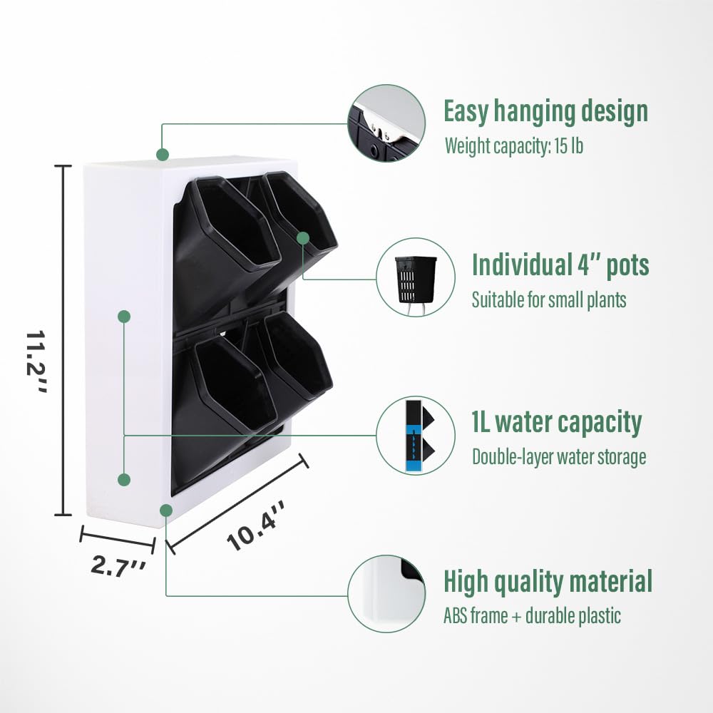 Inspiration Jungle Self Watering Wall Planter with 4 Pots - Easy to Create Indoor Living Wall for Home, Office and Shop Front - Includes Water Gauge (White)
