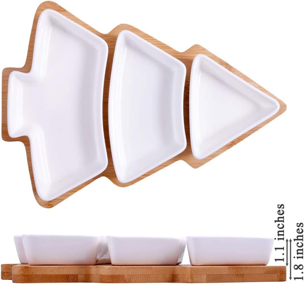JiabaoPC 10.8 Inches Snack Appetizer Trays Set, Christmas Tree Dessert Serving Dishes, Snack Platter, 3 pcs Removable White Porcelain Plates with Bamboo Tree Tray,Thanksgiving and Christmas