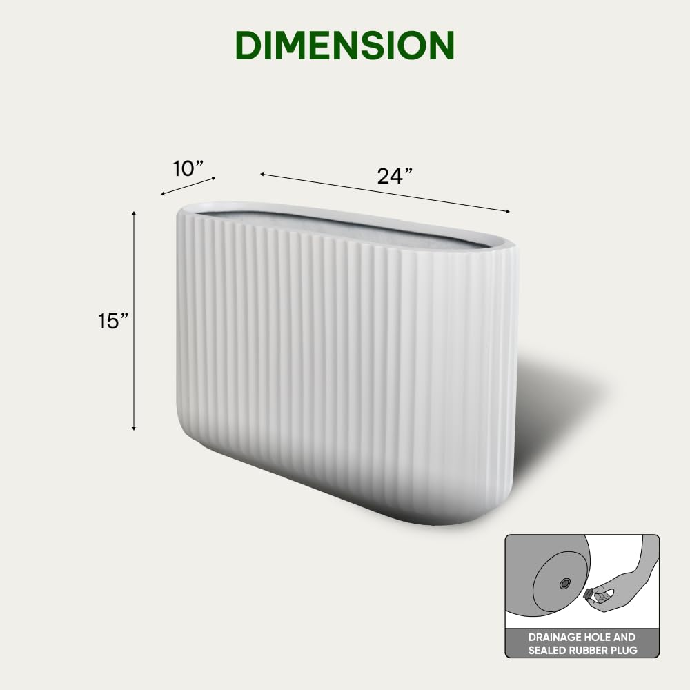 Wil & Vic 89s 15" H x 24" L Sirius Fiberglass Planter, Round Indoor and Outdoor Plant Pot with Drainage Hole, Lightweight, Durable Minimalist Home, Included Extra Coco Mats, White