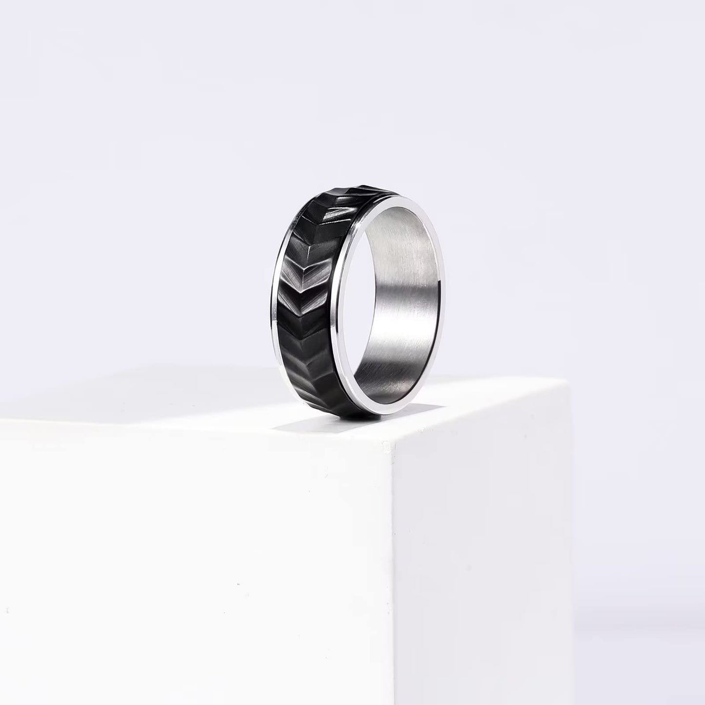 King Will Mens Black Silver 8mm Spinner Rings Tire Thread Stainless Steel Anxiety Fidget Ring for Men Tire Stripe Groove Spinner Ring 11