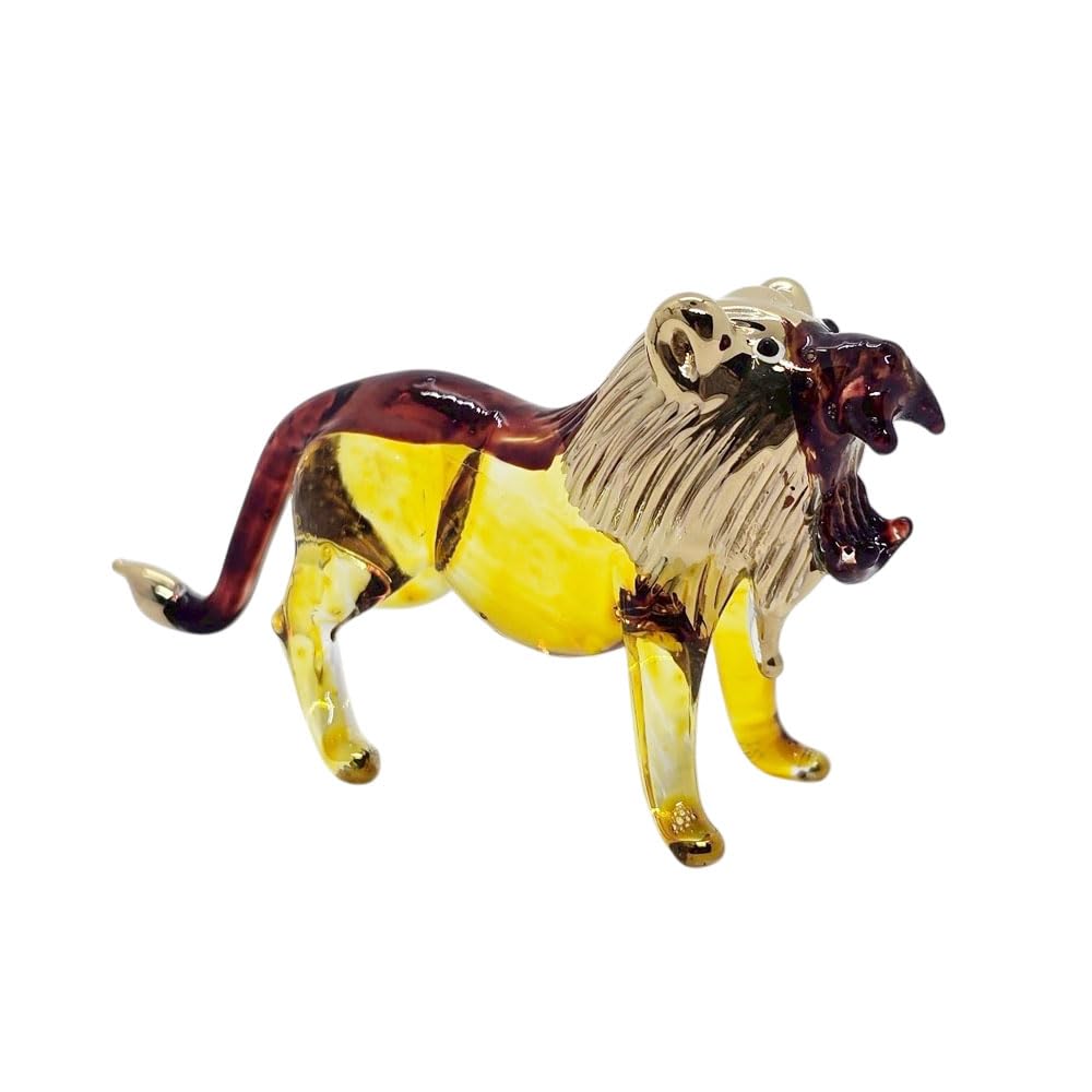 Mr_air_thai_Glass_Blown Tiny 2¾" Yellow Brown Gold Roar Lion - Miniature Hand Blown Glass Tigers Lions Panthera Wild Cats Crystal Wildlife Animal Decorative Figures Collectible Figurines Décor Gifts