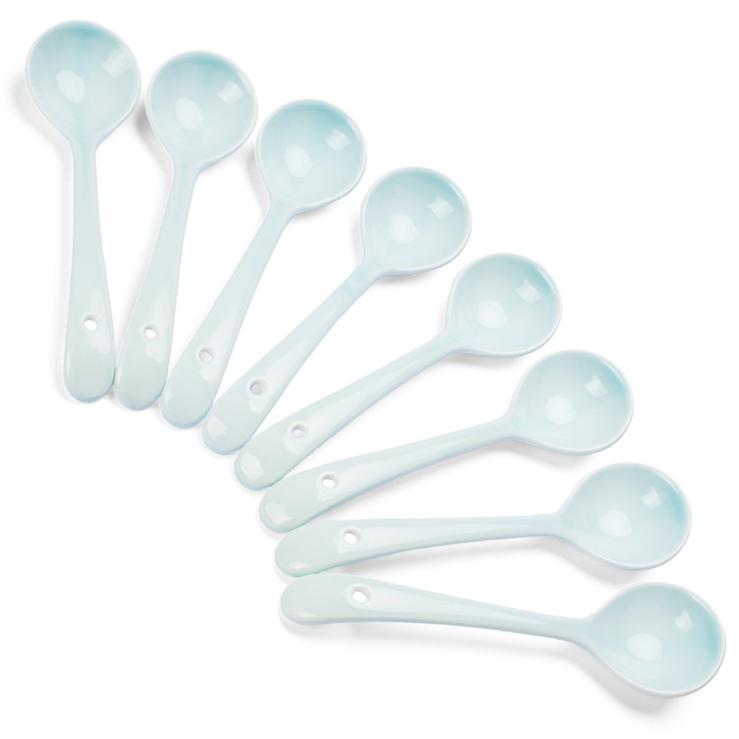 Ceramic Spoons Set of 8, Ceramic Chinese Soup Spoon, Asian Soup Spoons, Blue Japanese Spoon Large for Ramen Pho Wonton Dumpling Miso, Deep Oval Hook Design (8, Blue)
