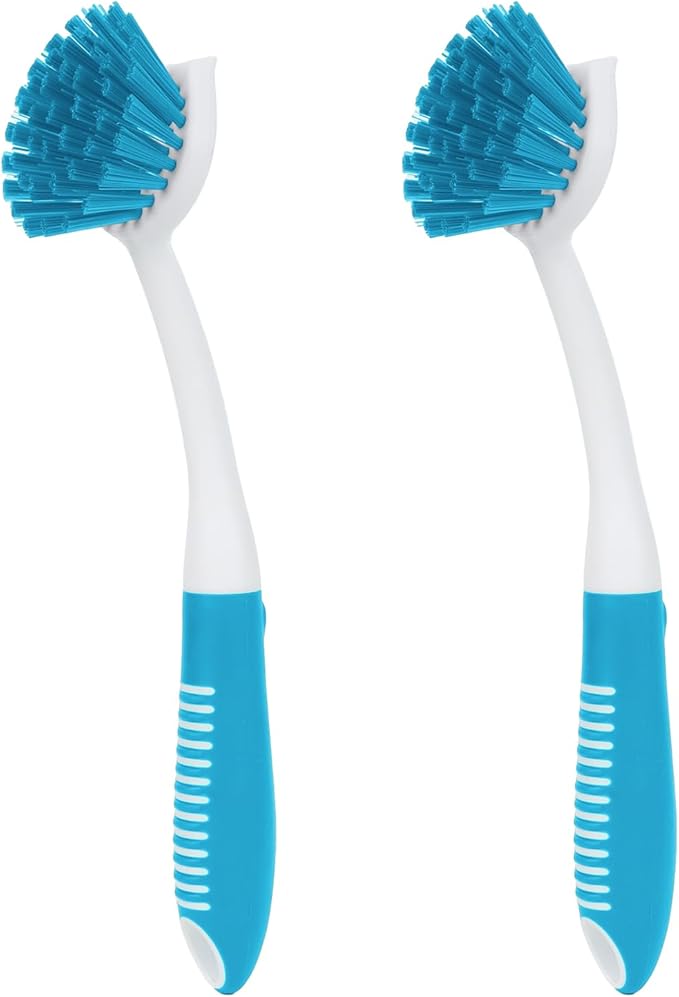 Dish Brush with Handle, 2 Pack Scrub Brushes with Built-in Scraper